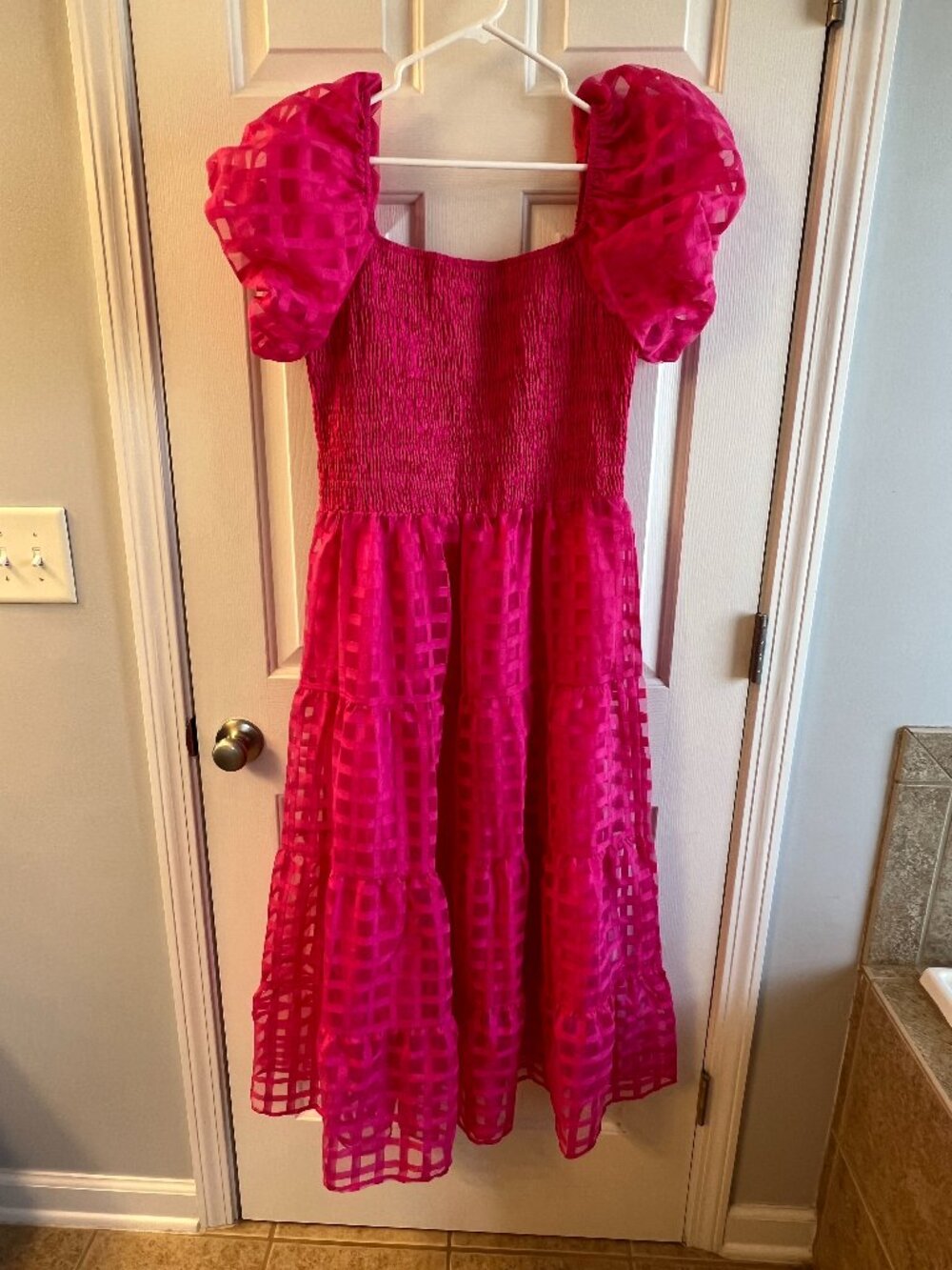 Puff-Sleeve Midi Dress in Hot Pink